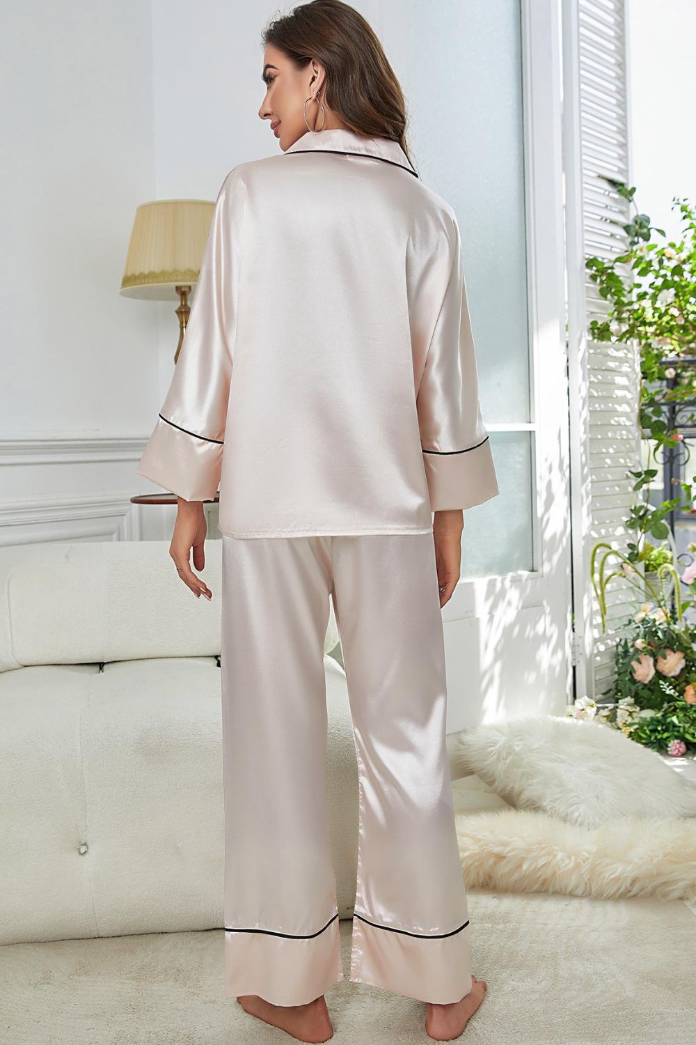 Contrast Piping Button-Up Top and Pants Pajama Set - Fashions Envy