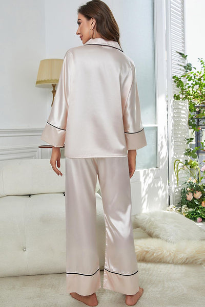 Contrast Piping Button-Up Top and Pants Pajama Set - Fashions Envy