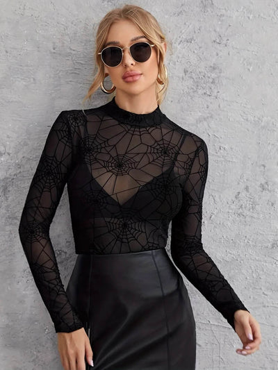 Spider Web Print Long Sleeve Blouse - Sheer Mesh Halloween Top - Fashions Envy