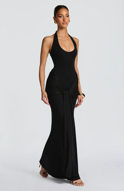Open Back Pleated Dress - Patchwork Bodycon Gown