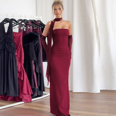 Scarf Tie Strapless Maxi Dress - Column Gown with Mesh Gloves