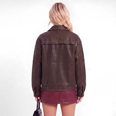 Oversized faux leather jacket in dark brown with contrast seams, back view, snap front