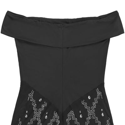 Black Off-Shoulder Sequin Mesh Maxi Gown - Diamond Lattice Crystal Skirt