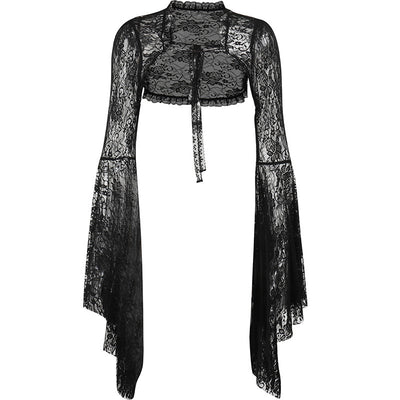 Black lace long-sleeve crop top with scalloped yoke and sheer overlay