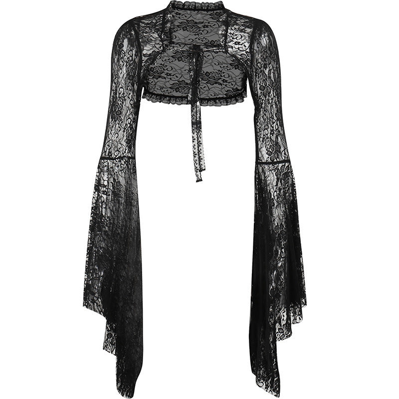 Black lace long-sleeve crop top with scalloped yoke and sheer overlay