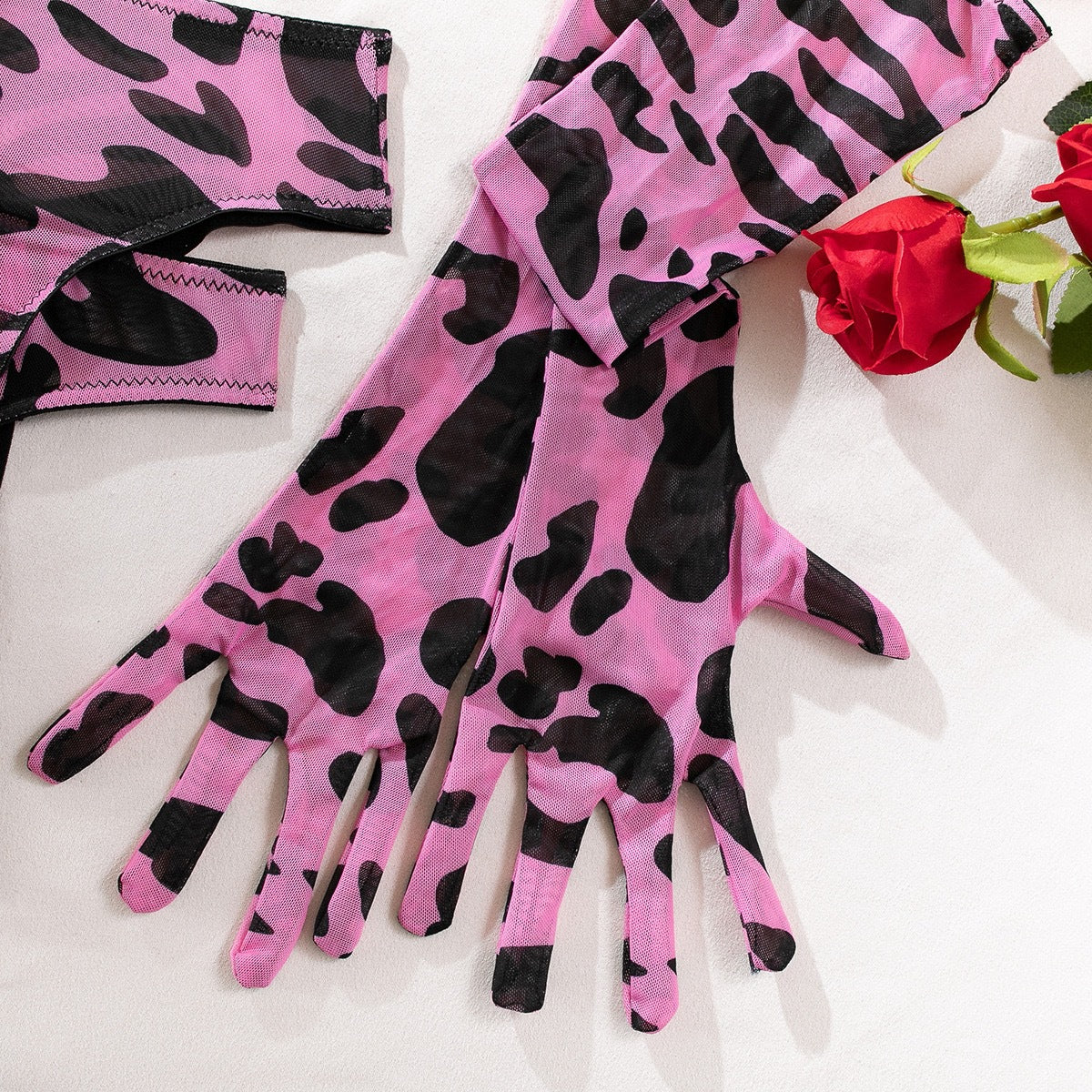 Abstract Print Mesh Five-Piece Lingerie Set - Garter and Gloves