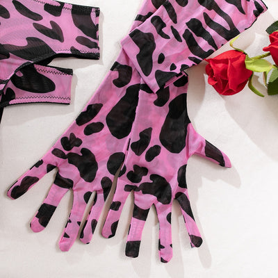 Abstract Print Mesh Five-Piece Lingerie Set - Garter and Gloves