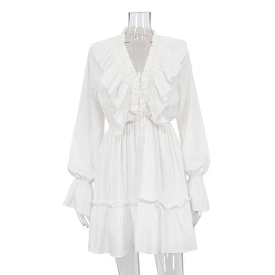 V-Neck Pleated Ruffle Long Sleeve Y2K Mini Dress