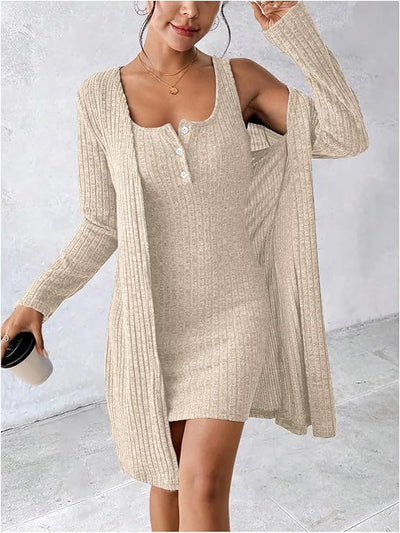 Ribbed Knit Tank Mini Dress and Cardigan Set
