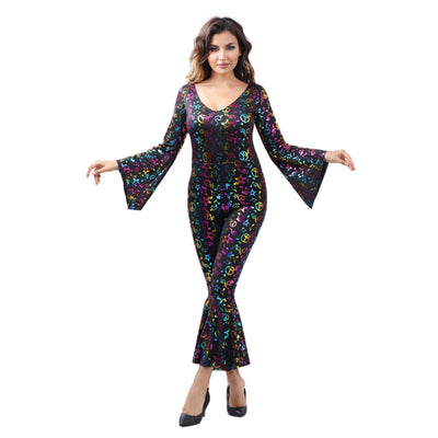 Full-length Halloween carnival disco note jumpsuit, black with multicolor icon print, flared bell cuffs