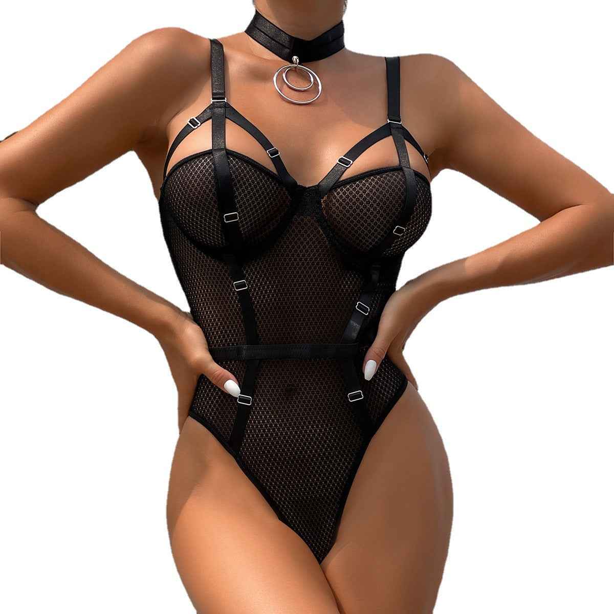 Sexy Lace Bodysuit with Choker - Slim Fit and Steel Ring Support