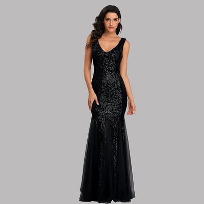 Sequin Mermaid Fishtail Evening Gown - Double V-Neck Tulle Hem