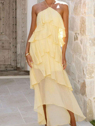 Tiered Ruffle Halter Midi Dress - Layered Flowy Style