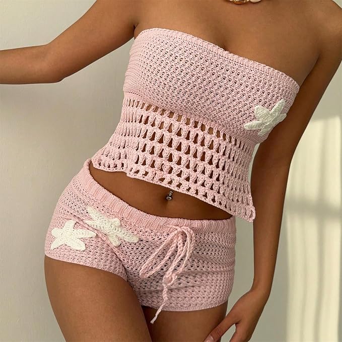 Crochet Tube Top and Shorts Set - Drawstring Two-Piece