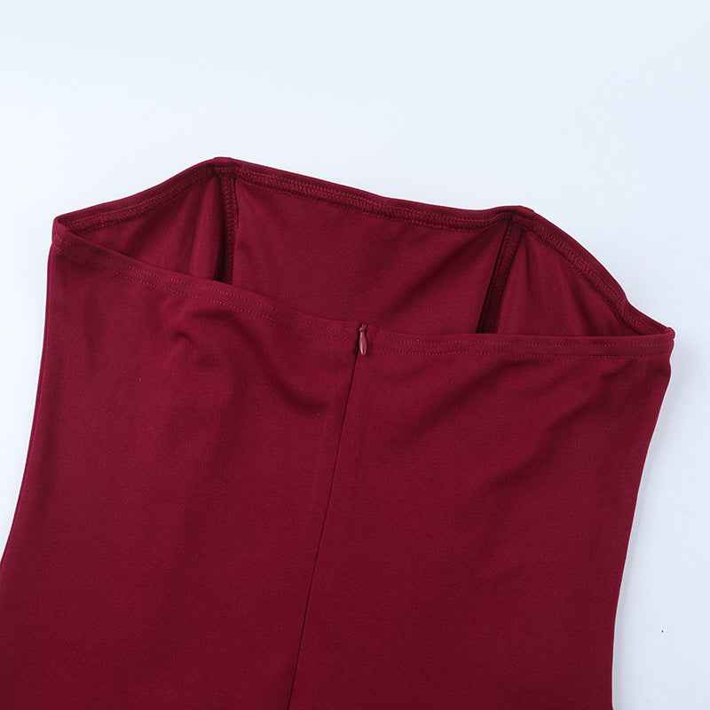 Burgundy Strapless Satin Maxi Dress - Slim Fit Prom Gown