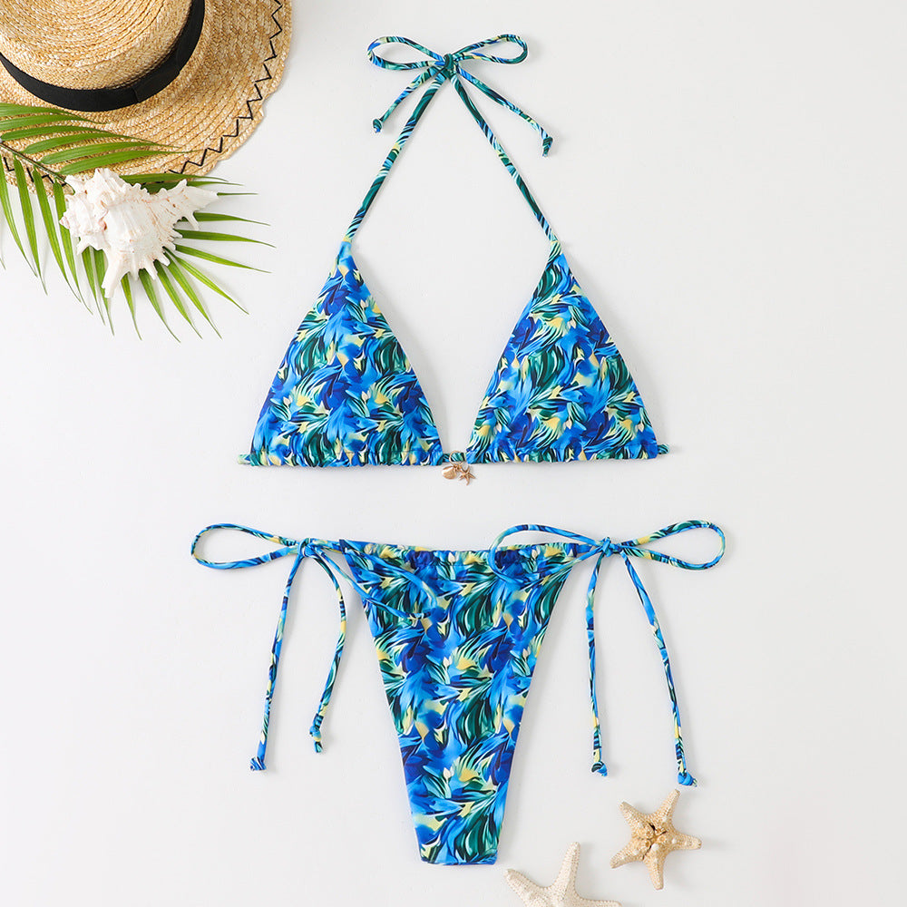 Halter Bikini - Printed Triangle Tie-Side - Fashions Envy