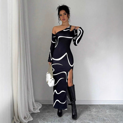 One-shoulder Bodycon Maxi Dress - Graffiti Print Asymmetric