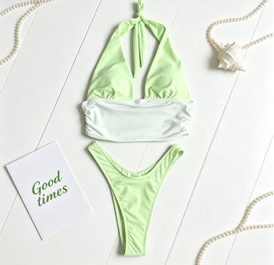 Color Block Halter Bikini Set - 3-Piece Ruched Wrap Skirt Cover