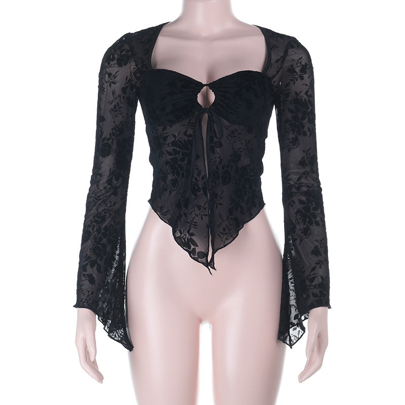 Long Sleeve Square Neck Top - Black Fitted Pullover