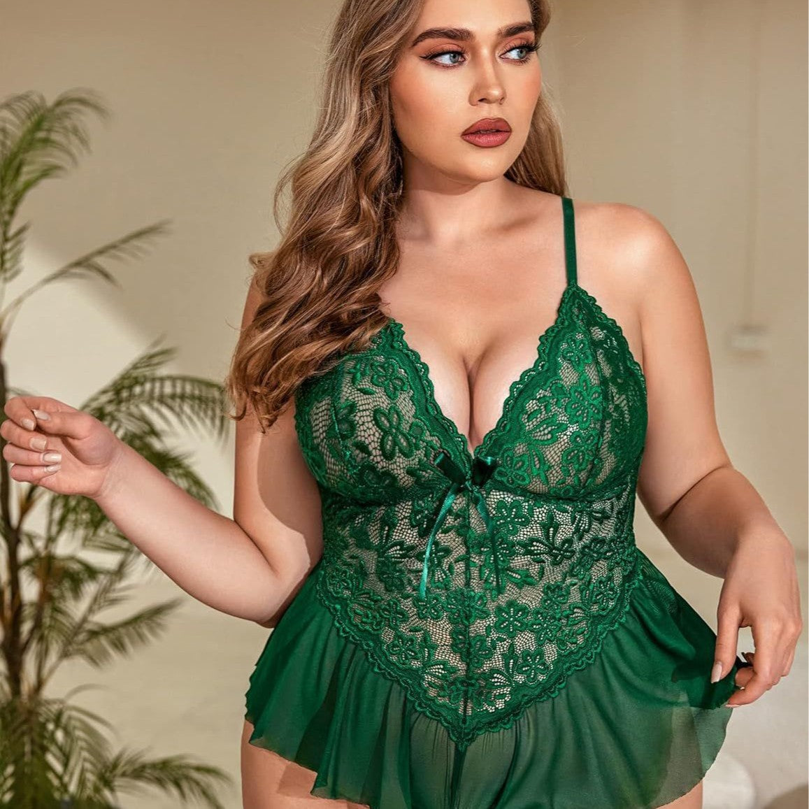 Plus Size Lace Lingerie Romper - Deep V-Neck Ruffle Hem