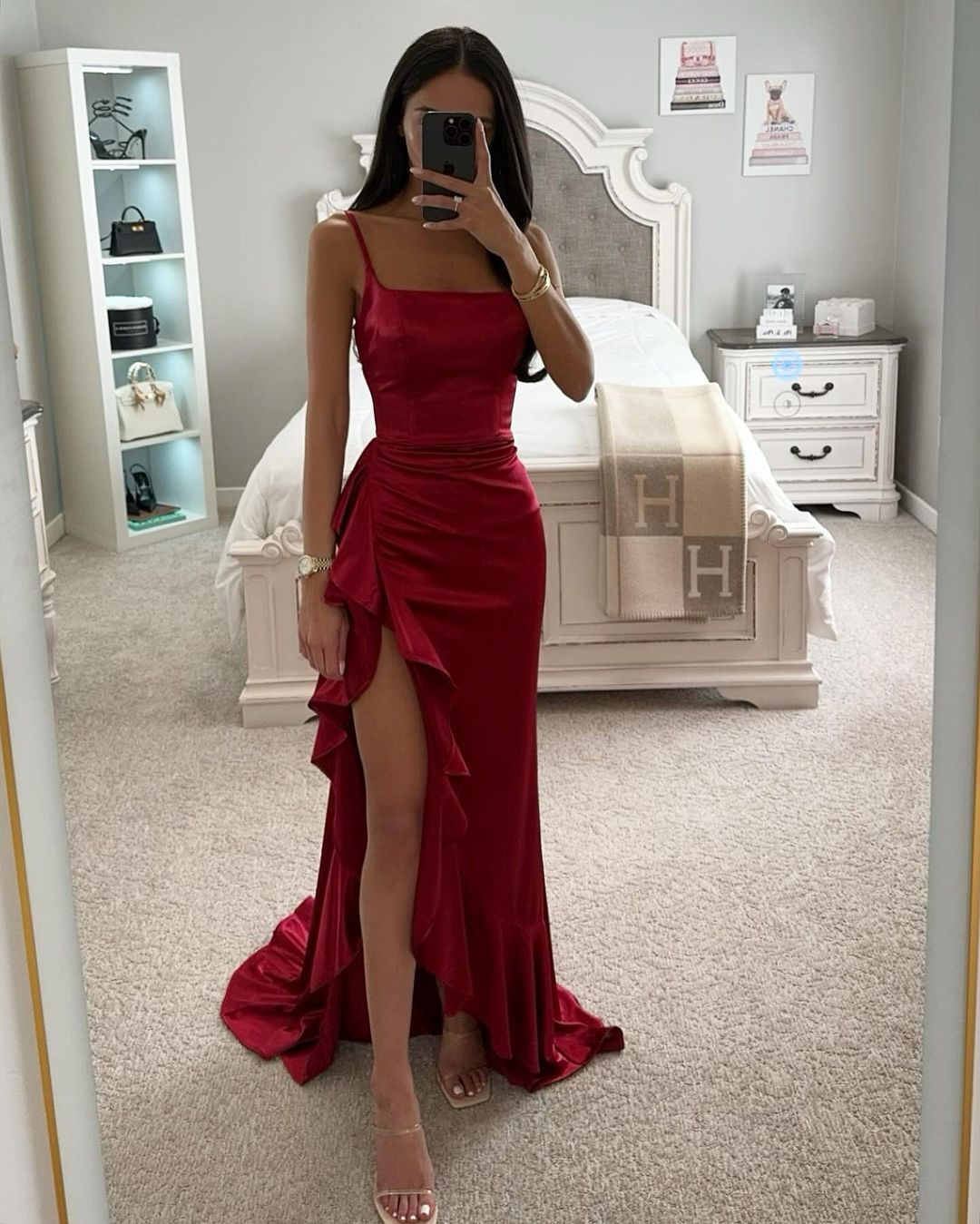 Satin Ruffle Hem Maxi Dress - Spaghetti Strap Asymmetric Slit Gown