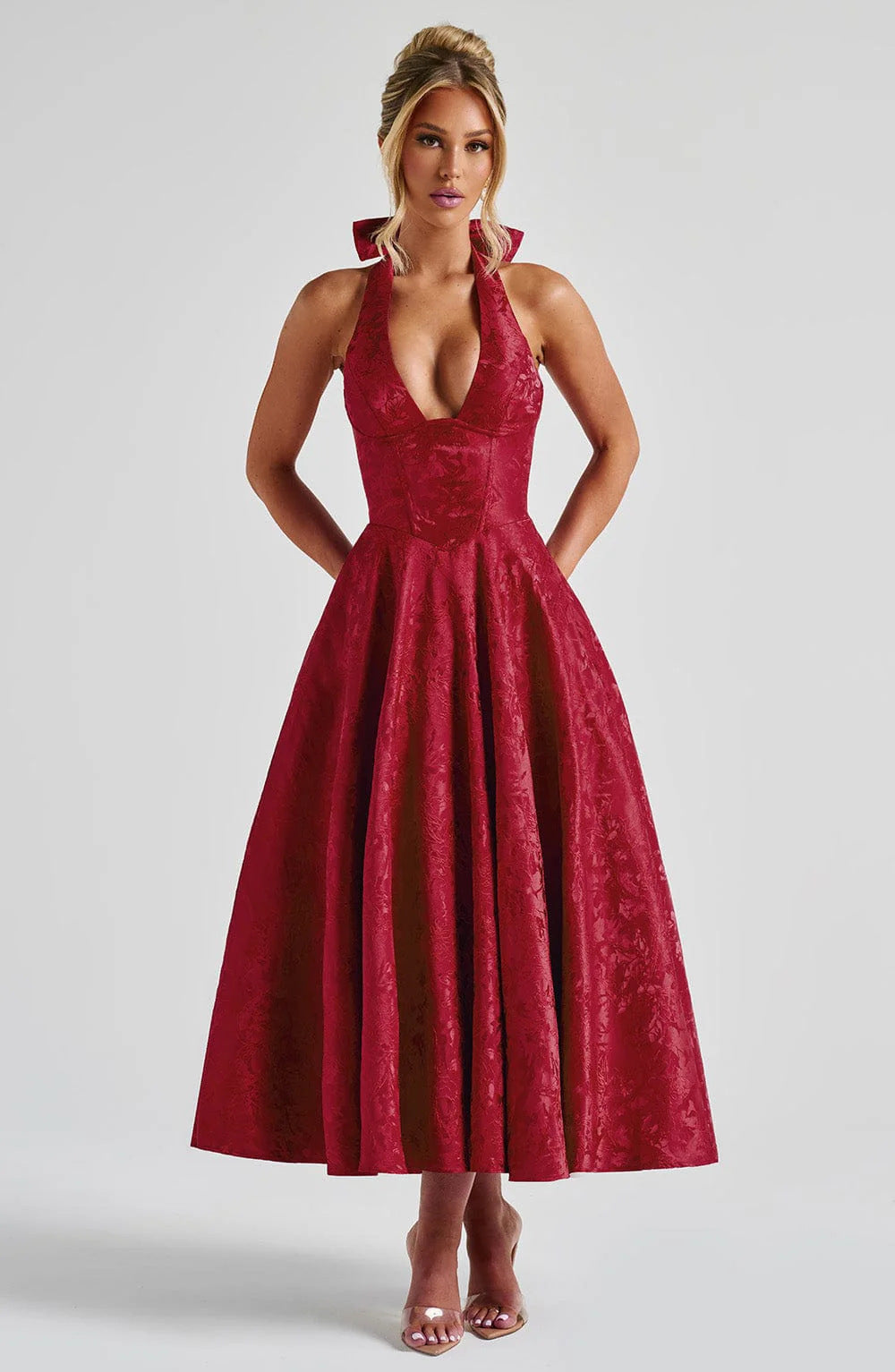 Jacquard Halter Midi Dress - Deep V Corset Waist A-Line Skirt