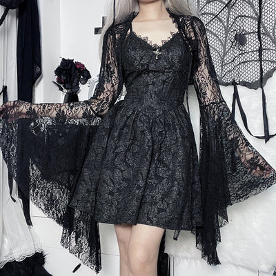 Black Lace Cropped Top - Dramatic Flared Sleeve Shrug