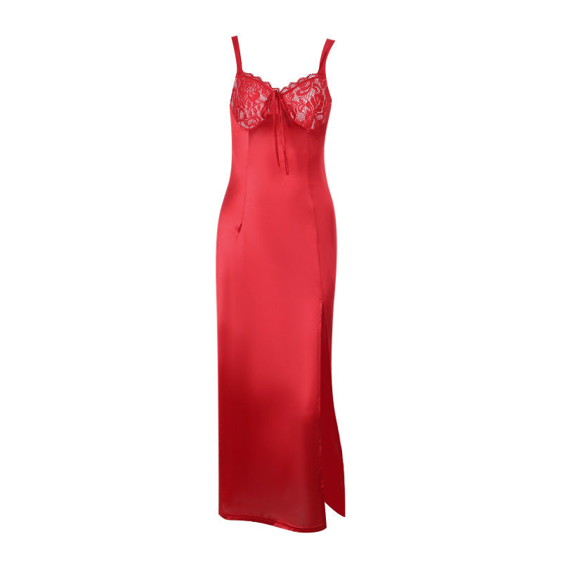 Red satin slip dress with lace bust, spaghetti straps, and front slit
