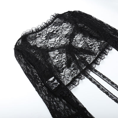 Black Lace Cropped Top - Dramatic Flared Sleeve Shrug