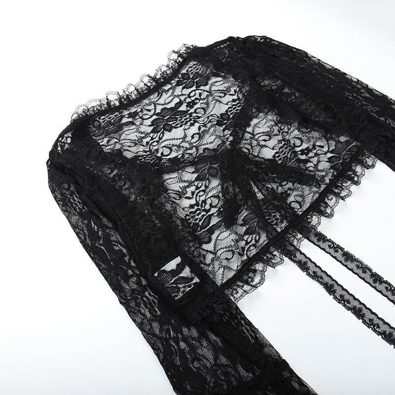 Black Lace Cropped Top - Dramatic Flared Sleeve Shrug