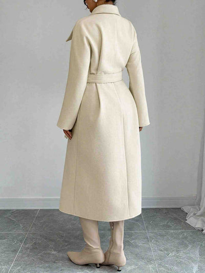 Double-Breasted Long Coat - Waist Tie & Wide Lapels