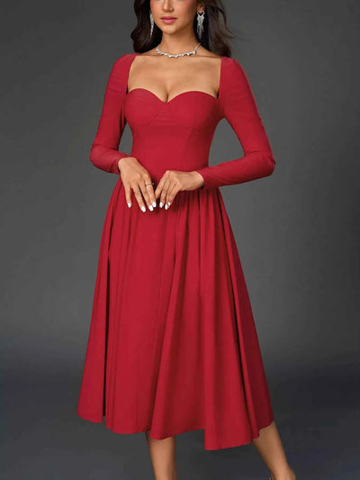 Sweetheart Neckline Long Sleeve A-Line Midi Dress
