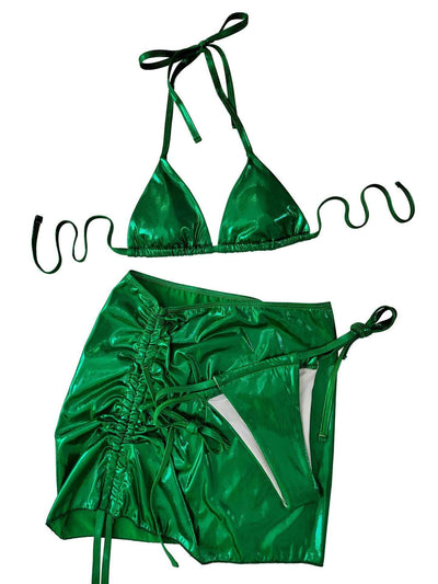 Metallic Three Piece Bikini - Triangle Top Mini Skirt