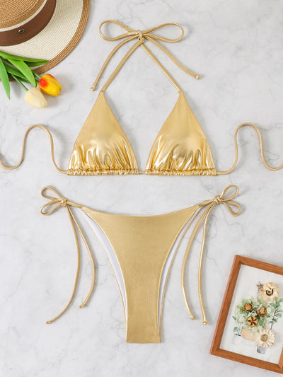 Metallic Halter Bikini Set – Shiny String Triangle Two-Piece