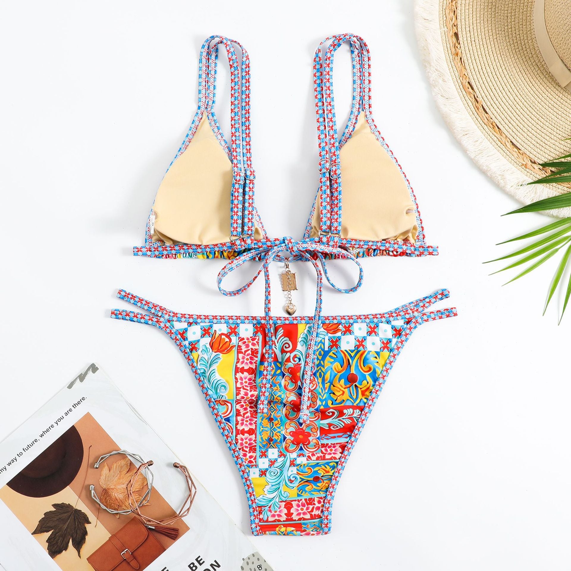 Colorful Floral Bikini Set - Triangle Top Chain Charm