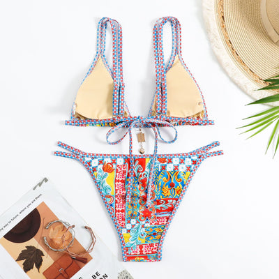 Colorful Floral Bikini Set - Triangle Top Chain Charm