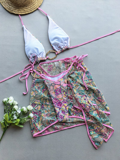 Pink Sequin Bikini Set - Matching Piped Sarong