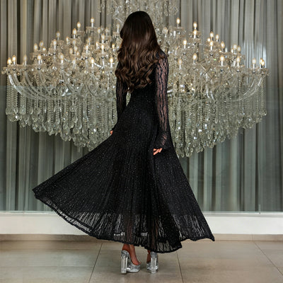 Black Glitter Lace Maxi Dress - Sheer Sleeves and Flared Hem
