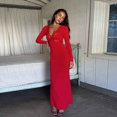 Lace Patchwork Maxi Dress - Red Long Sleeve Bodycon