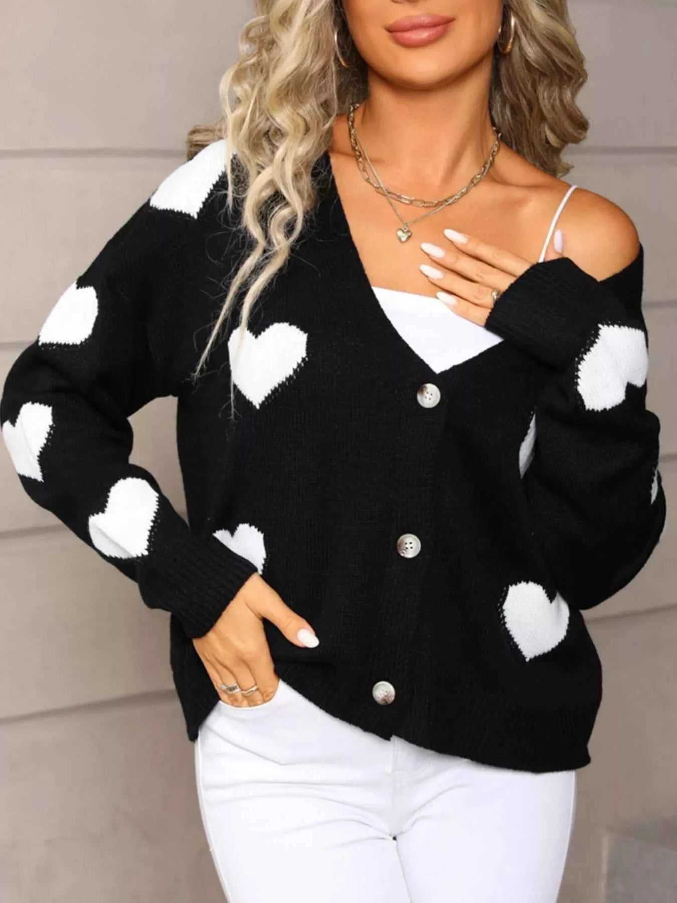 Heart Pattern Cardigan - Valentine's Day Knit Button-Up - Fashions Envy