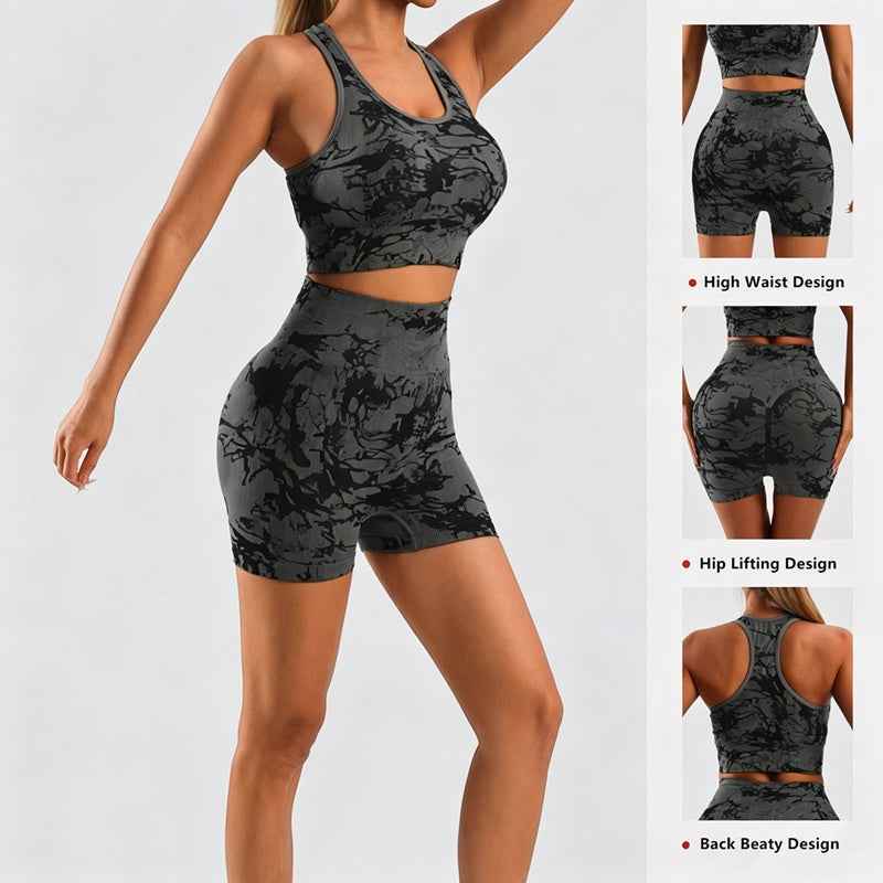 Tie-Dye Seamless Workout Set - Sports Bra High Waist Biker Shorts