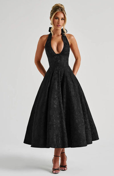 Jacquard Halter Midi Dress - Deep V Corset Waist A-Line Skirt
