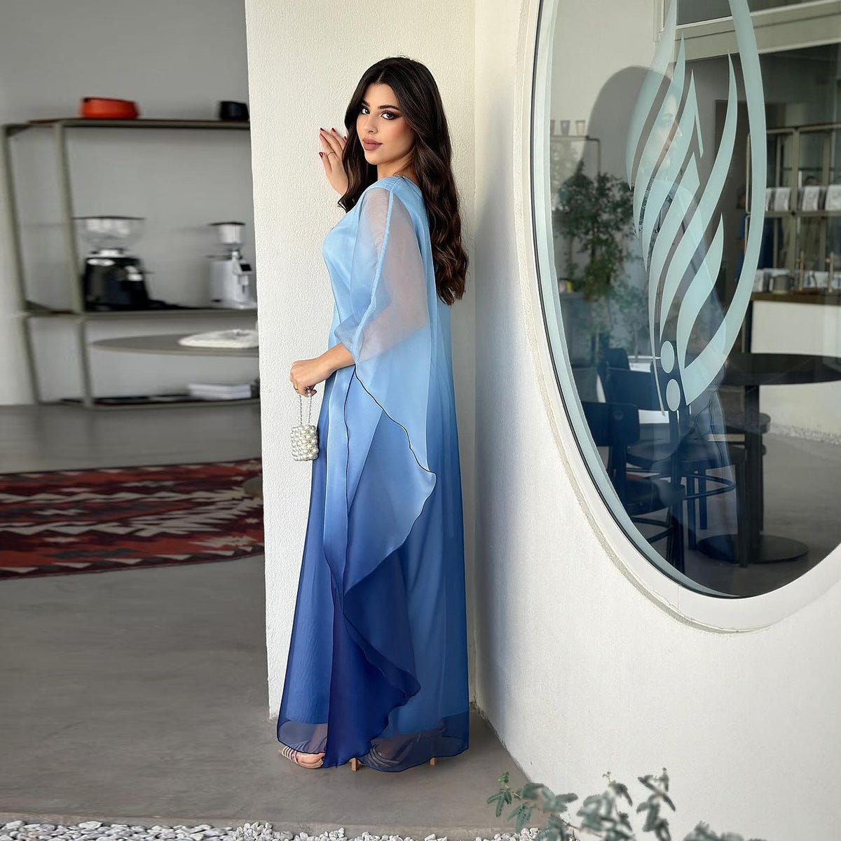 Ombre satin maxi dress with sheer draped batwing sleeves, blue ombre