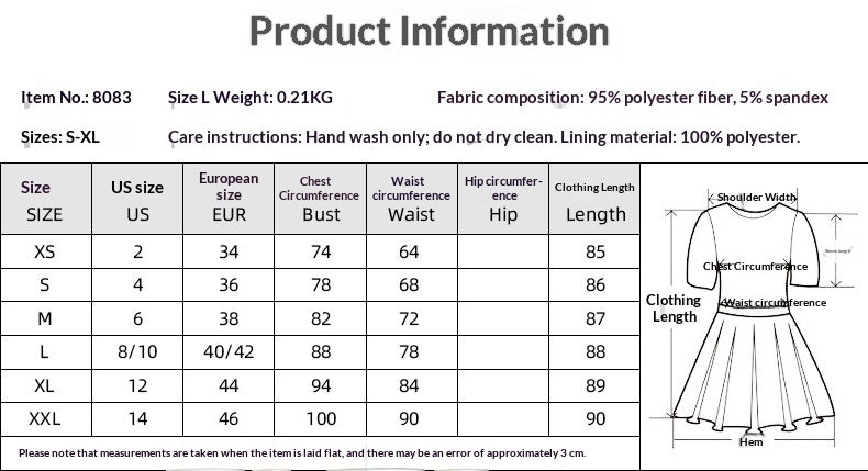 Size chart diagram for light green sequin mini dress