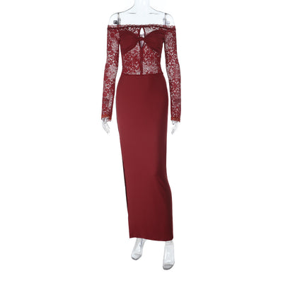 Off Shoulder Bodycon Dress - Lace Long Sleeve Wrap - Fashions Envy