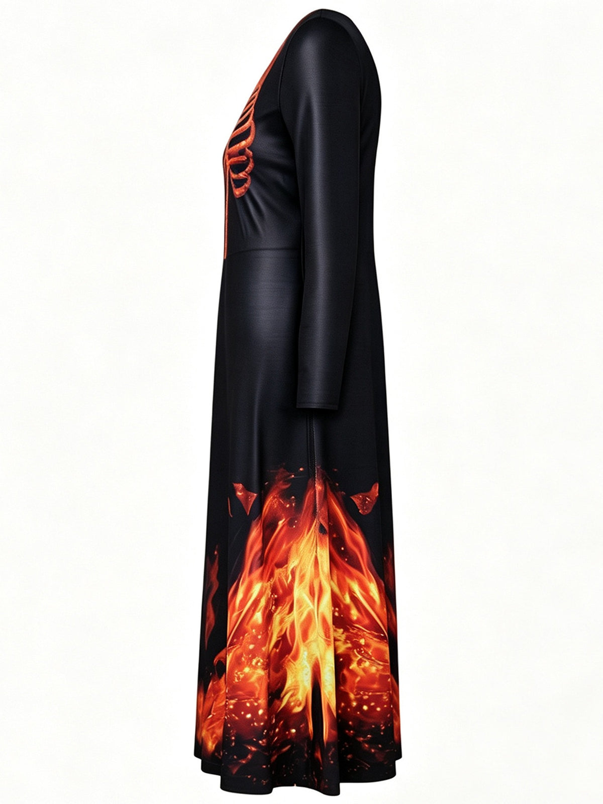 Black long-sleeve midi dress with flame graphic along the front