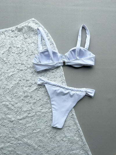 White 3PC Bikini Set - Lace Maxi Skirt Split Swimwear