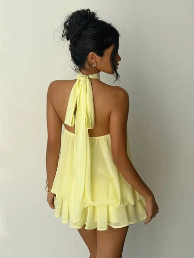 Backless Halter Neck Tiered Mini Dress - Chiffon Vacation Dress