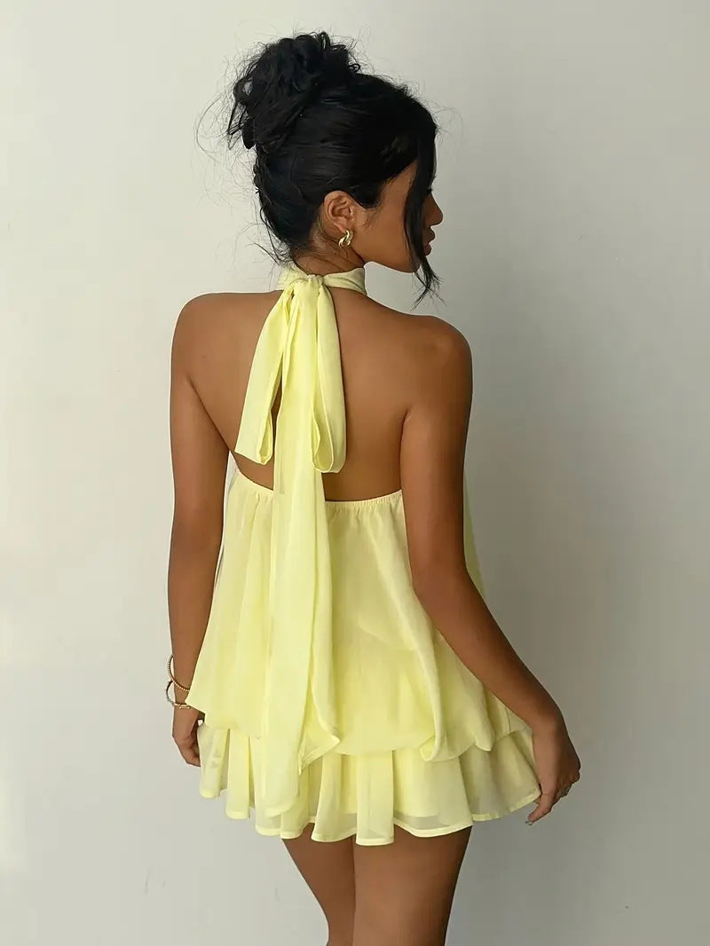 Backless Halter Neck Tiered Mini Dress - Chiffon Vacation Dress