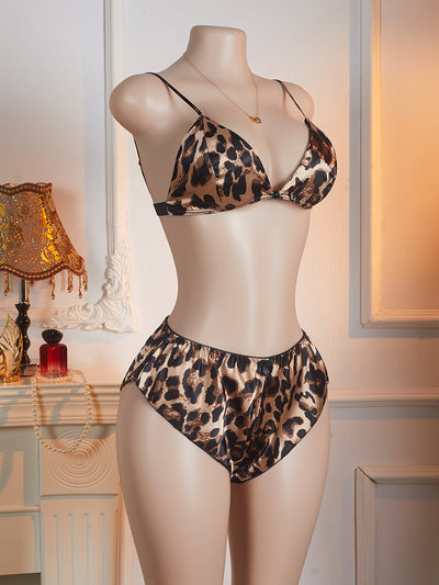 Leopard print triangle bra and ruffled briefs lingerie set on mannequin, coffee brown
